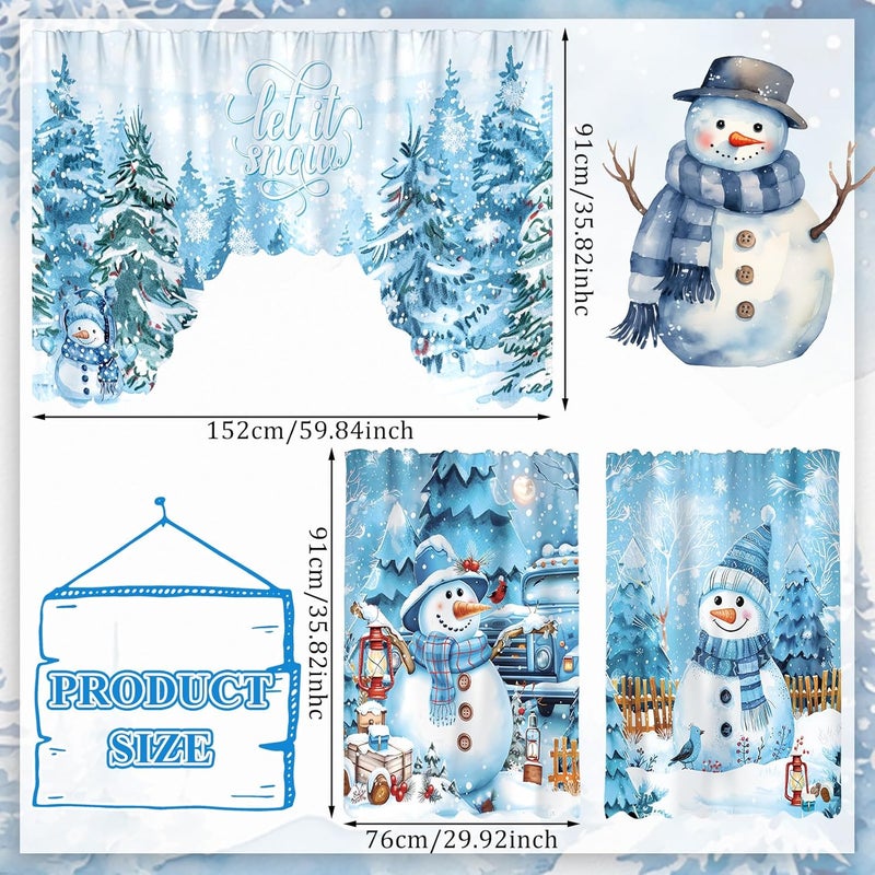 FuWeave Christmas Kitchen Curtains 3 Piece Set Blue Snowman Window Curtains and Valance Set Xmas Curtain Swag for Kitchen Bedroom Living Room Decor, 60 x 36 Valance, 36 x 30 Tier - Image 2